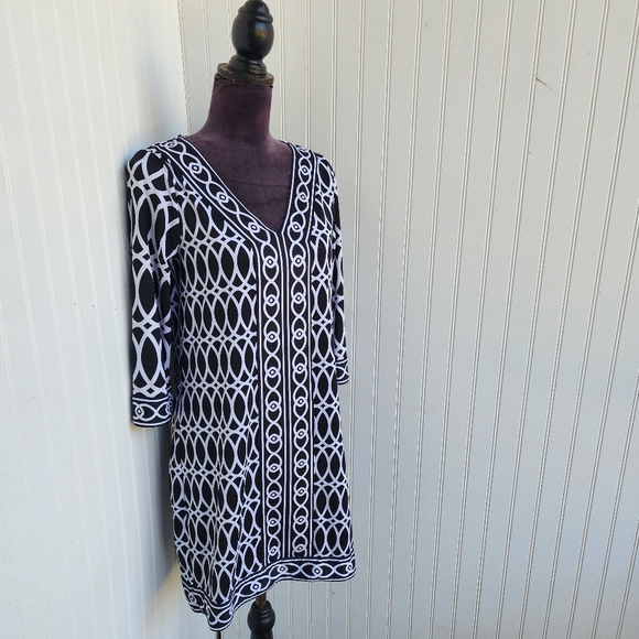 Mud Pie Tunic Dress Black White Geometric Print V Neck Balloon Sleeve Shif S 4-6 - Picture 2 of 10